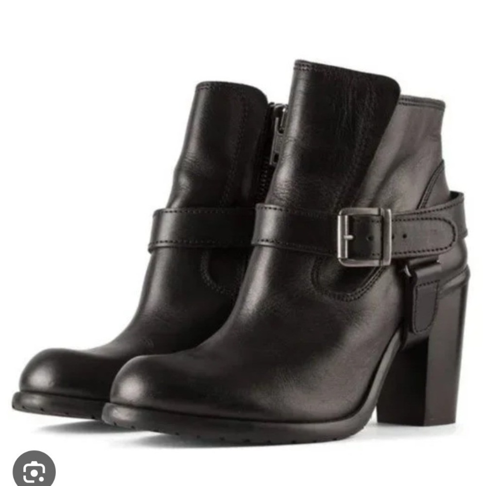 All Saints Women's Jules Black Leather Block Heel Buckle Ankle Moto Boots- 9.5